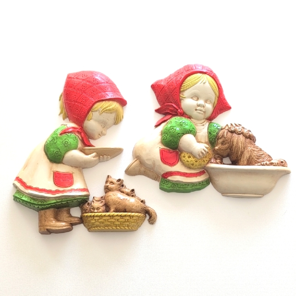 Vintage HOMCO- 2 Pieces- Girl With Pets plastic wall hangings. Made In USA